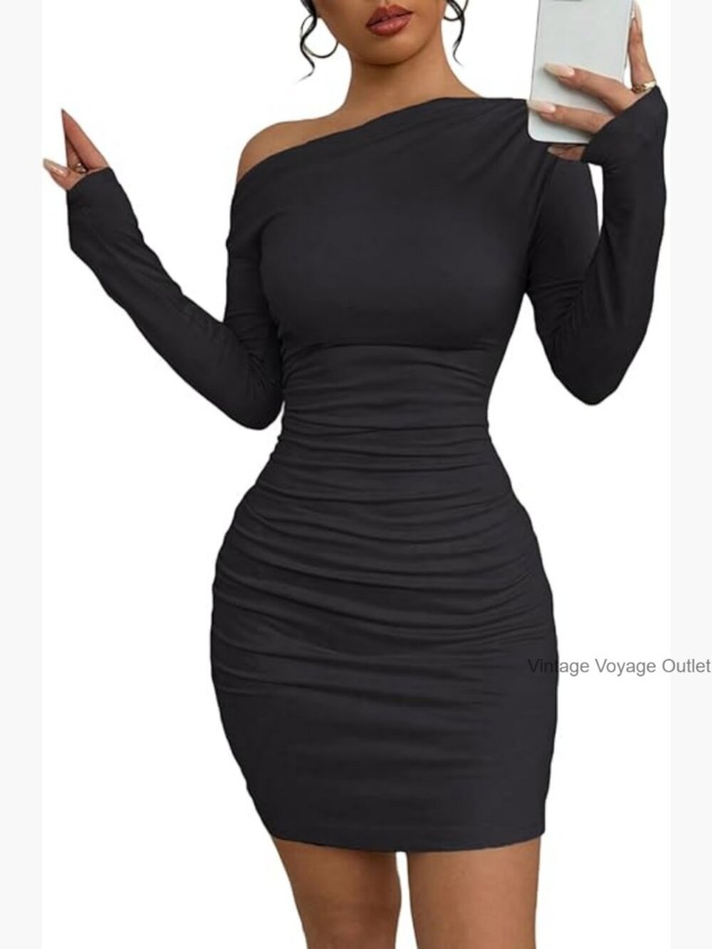 One-Shoulder Ruched Bodycon Dress in Black